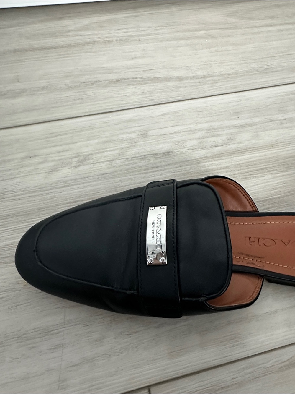 COACH Black Leather Slip-On Mules with Silver Plaque - Picture 3 of 6